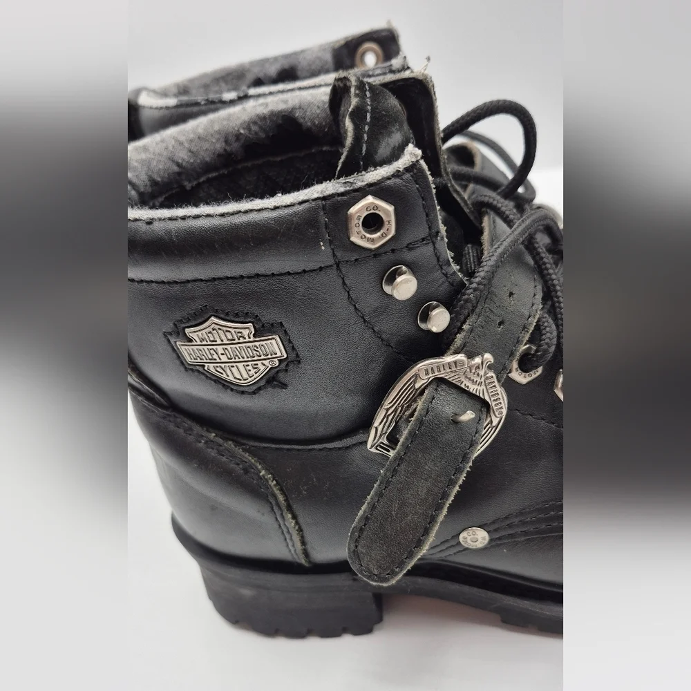 Harley-Davidson Black Leather Lace-Up Strap Motorcycle Boots